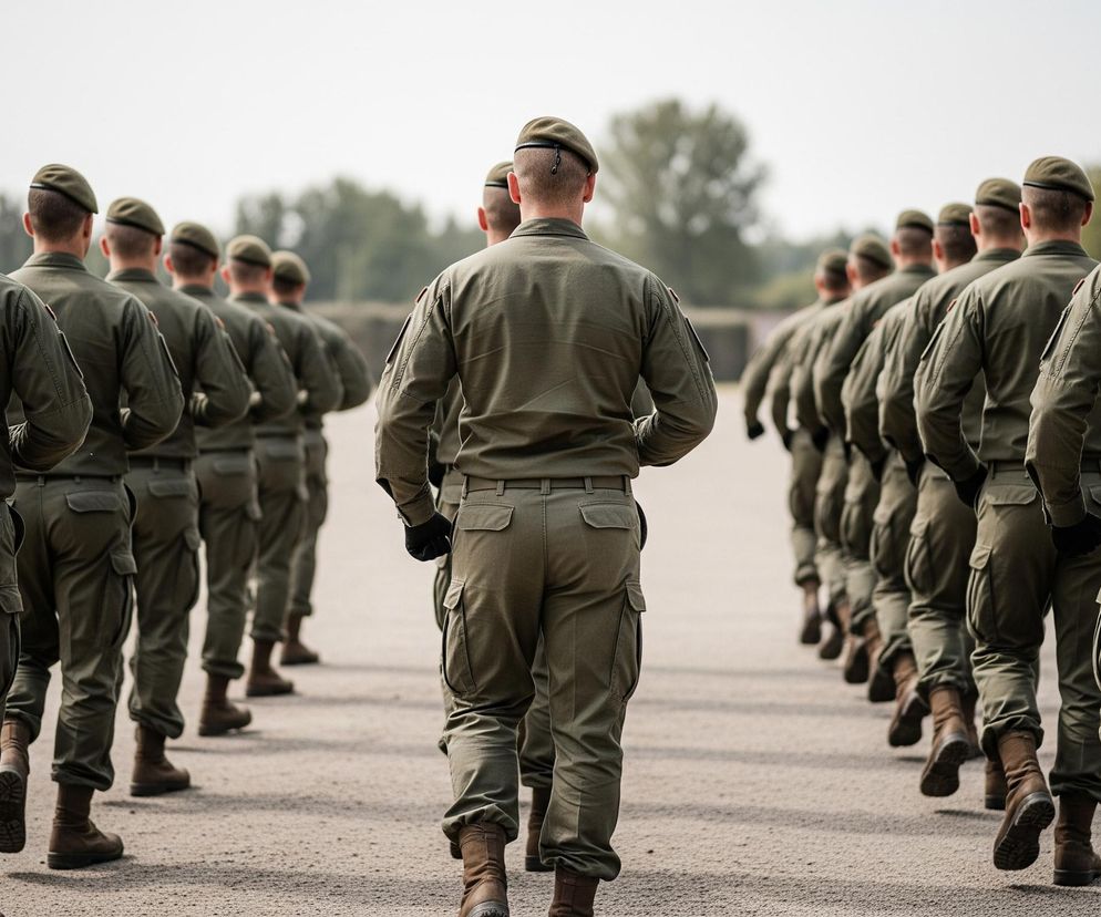 Grupa mężczyzn, prawdopodobnie żołnierzy, ubranych w oliwkowozielone mundury i berety, maszeruje w rzędzie, oddalając się od obserwatora. Ich sylwetki są widoczne od tyłu, skupiając się na ich ramionach, plecach i nogach, a głowy są krótko ostrzyżone pod beretami. Ubrani są w koszule z długimi rękawami, spodnie cargo z licznymi kieszeniami oraz brązowe, sznurowane buty wojskowe. Tło jest rozmyte, ukazując szare, zachmurzone niebo oraz zielone drzewa i krzewy po bokach utwardzonej drogi, na której się znajdują.