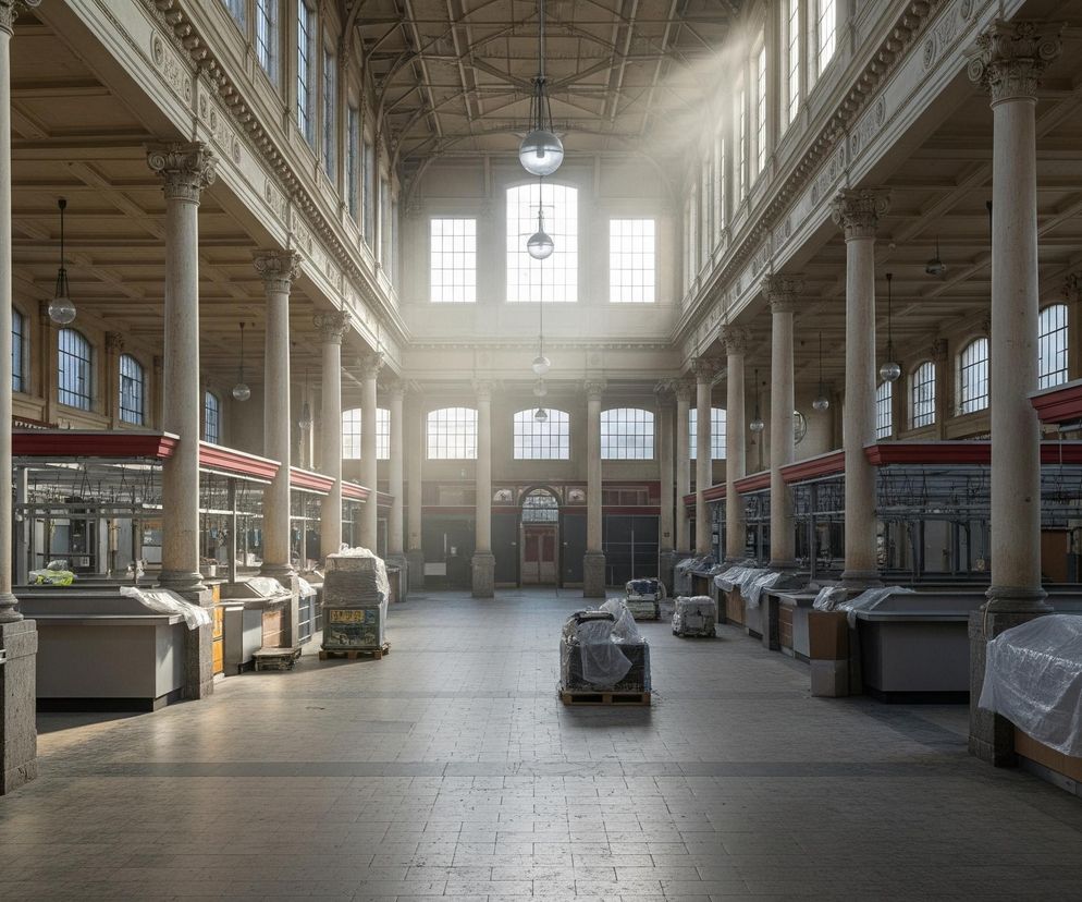 Wnętrze dużego, przestronnego holu lub hali, charakteryzujące się symetrycznym układem i wysokim sufitem. Po obu stronach pomieszczenia widać rzędy jasnych, kamiennych kolumn z ozdobnymi kapitelami, wspierających belkowany strop w kolorze jasnego drewna. Pomiędzy kolumnami, na poziomie niższym, znajdują się liczne, puste stoiska handlowe, z których część przykryta jest przezroczystą folią lub plandekami, a na niektórych paletach stoją zapakowane przedmioty. Światło słoneczne wpada przez rzędy wysokich okien z półkolistymi łukami umieszczonymi w górnej części ścian bocznych oraz przez trzy duże, prostokątne okna na ścianie szczytowej, tworząc smugi świetlne rozpraszające się w powietrzu. Na środku sufitu oraz wzdłuż kolumn zawieszone są szklane lampy w kształcie kul. Posadzka wykonana jest z kwadratowych płytek, a na wprost widać wejście z drzwiami i dużą, ozdobną bramą.