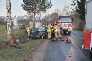 Pod Nidzicą auto roztrzaskało się na drzewie. 19-letni kierowca zabrany przez śmigłowiec LPR [ZDJĘCIA]