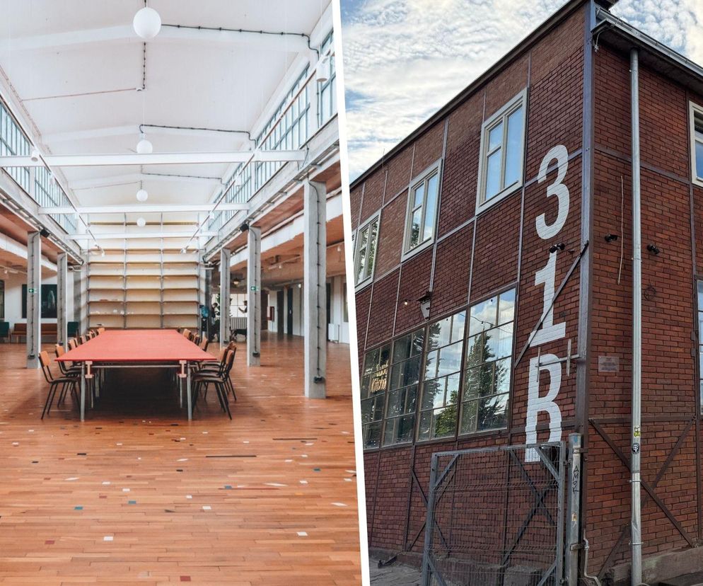 Po lewej: wnętrze GRID Arthub. Po prawej: hala z zewnątrz