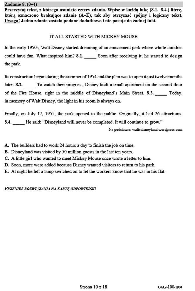 Egzamin ósmoklasisty 2019- język angielski arkusz