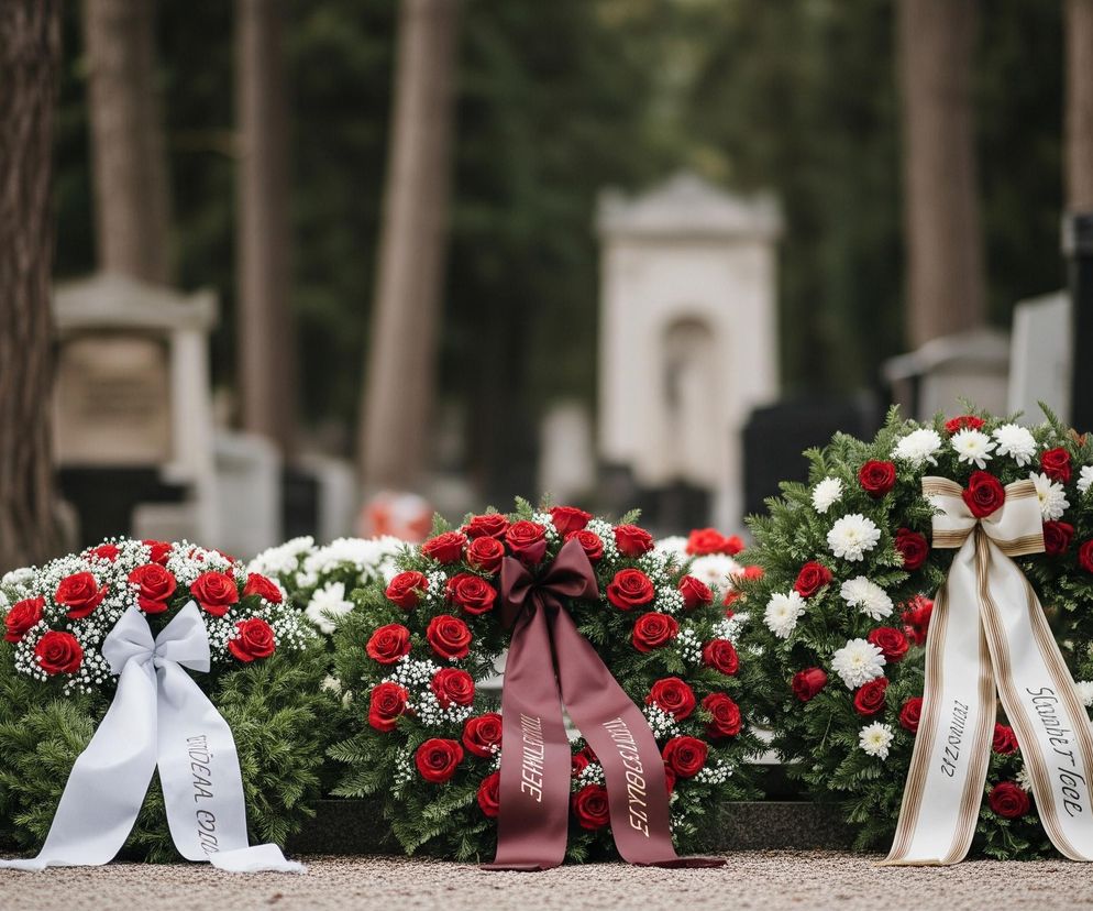 Na pierwszym planie widoczne są trzy wieńce pogrzebowe, ułożone na ziemi, wykonane z ciemnozielonych gałązek iglastych, ozdobione kwiatami i wstążkami. Lewy wieniec składa się z białych i fioletowo-różowych chryzantem, z białą wstążką z tekstem. Środkowy wieniec jest obficie udekorowany czerwonymi różami i drobnymi białymi kwiatami gipsówki, przewiązany jest ciemnobordową wstążką ze złotym napisem. Prawy wieniec, również z czerwonych róż i białych chryzantem, ma kremową wstążkę ze złotymi paskami po bokach i tekstem. W tle, rozmyte, widać pnie drzew i fragmenty pomników cmentarnych, w tym jasny nagrobek z ciemnym krzyżem.