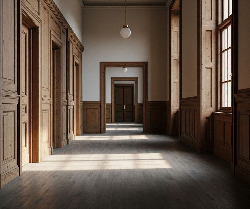 Długi, symetryczny korytarz wyłożony jest drewnianymi panelami i drzwiami w kolorze ciemnego brązu, biegnącymi wzdłuż obu ścian, tworząc rytmiczny wzór prostokątnych sekcji. Podłoga wykonana jest z drewnianych desek w podobnej tonacji, na której widoczne są prostokątne plamy światła wpadającego z okien po prawej stronie. Na suficie, pośrodku korytarza, wisi pojedyncza, biała, kulista lampa.