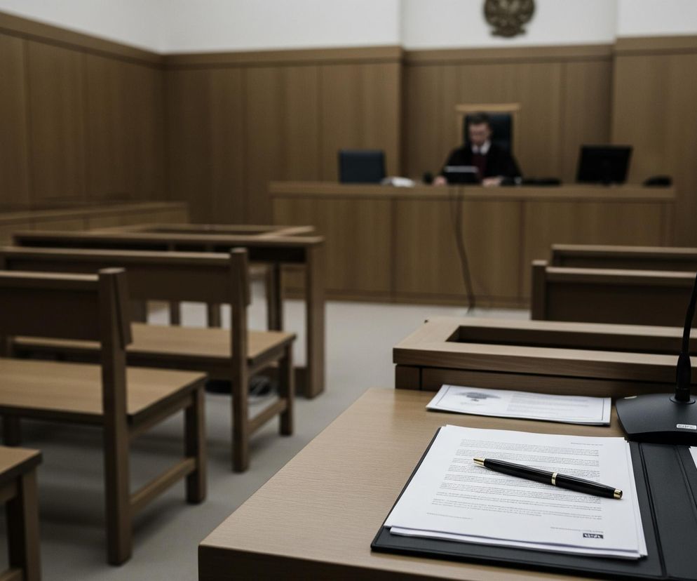 Wnętrze sali sądowej z drewnianymi panelami na ścianach i jasnymi drewnianymi meblami. Na pierwszym planie, po prawej stronie, znajduje się ciemny mikrofon na giętkim ramieniu, ustawiony na jasnym, drewnianym stole. Na tym stole leży również otwarta czarna teczka z białymi kartkami papieru i dwoma czarnymi długopisami ze złotymi akcentami. W tle widoczne są puste, drewniane ławy i krzesła, a za nimi podwyższenie, na którym siedzi niewyraźna postać mężczyzny w garniturze i todze, prawdopodobnie sędziego, z orłem w koronie widocznym na ścianie za nim. Po bokach podwyższenia znajdują się ciemne monitory komputerowe.