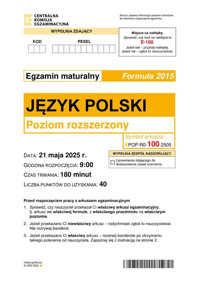 Matura 2025 polski rozszerzony 21.05.2025: Arkusz CKE - Formuła 2015