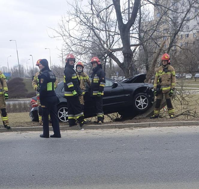 Huknął w drzewo, połamał latarnię. Pijany kierowca kompletnie rozbił mercedesa