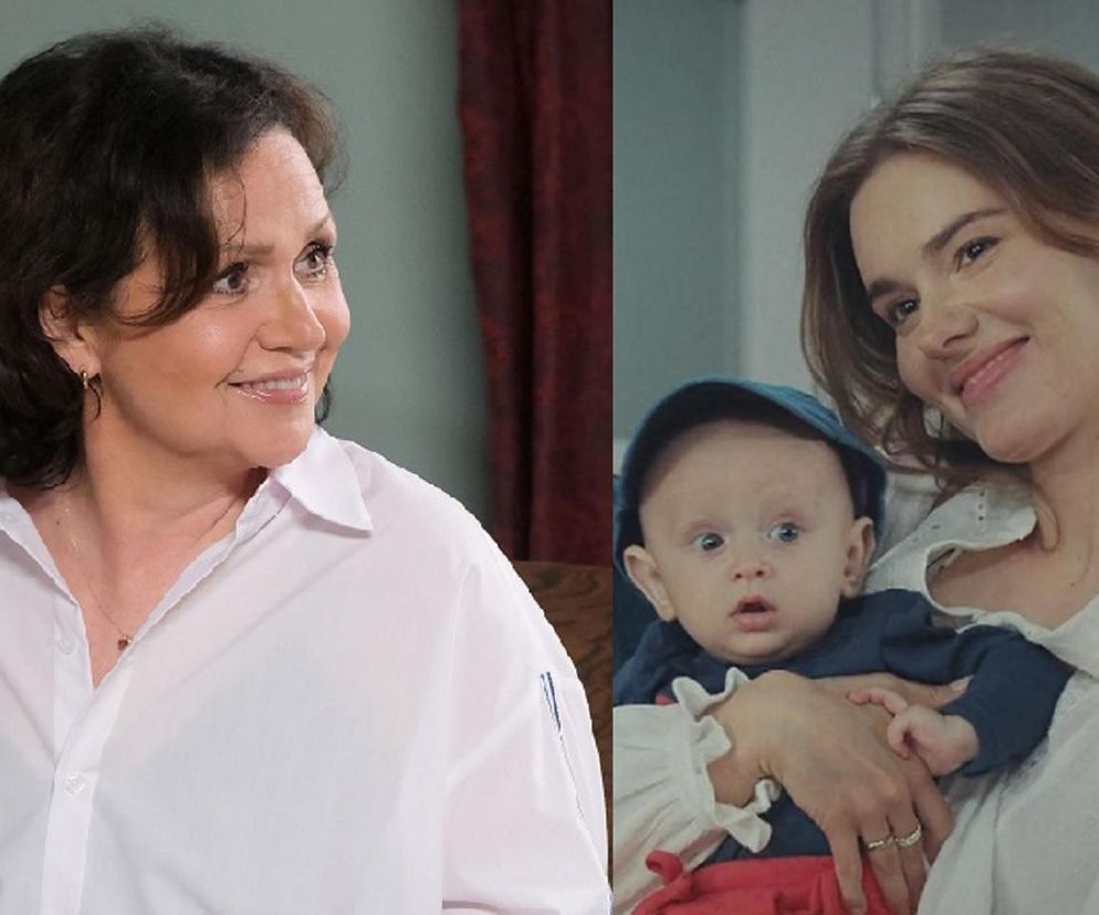 Marysia Mostowiak, uśmiechnięta w białej koszuli, obok Dominika Kachlik jako Franka ze swoim synem Antosiem, wszyscy z serialu M jak miłość. Więcej informacji o serialu znajdziesz na Super Seriale.