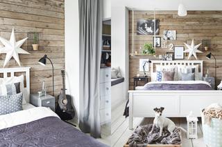 Ściana w sypialni: drewno z recyklingu