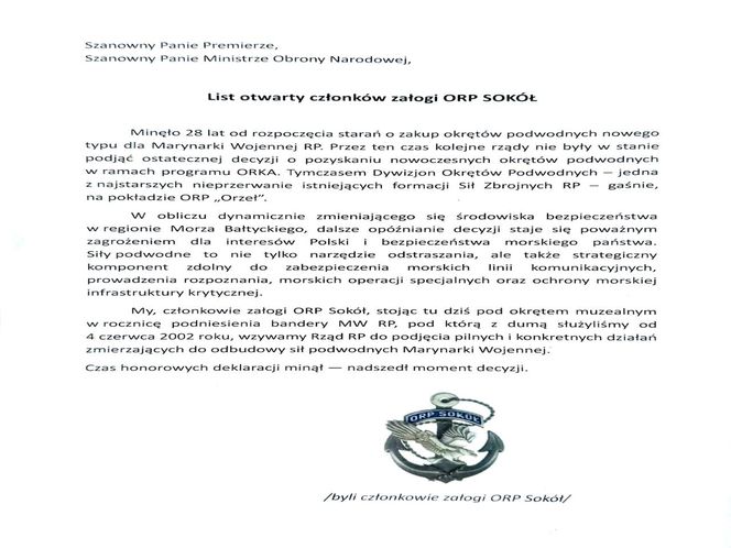 List otwarty załogi ORP "Sokół"
