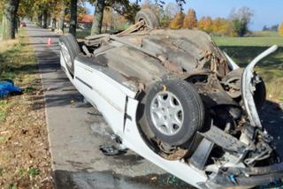 Prynowo. Wypadek osobówki. Samochód uderzył w drzewo i dachował [ZDJĘCIA]