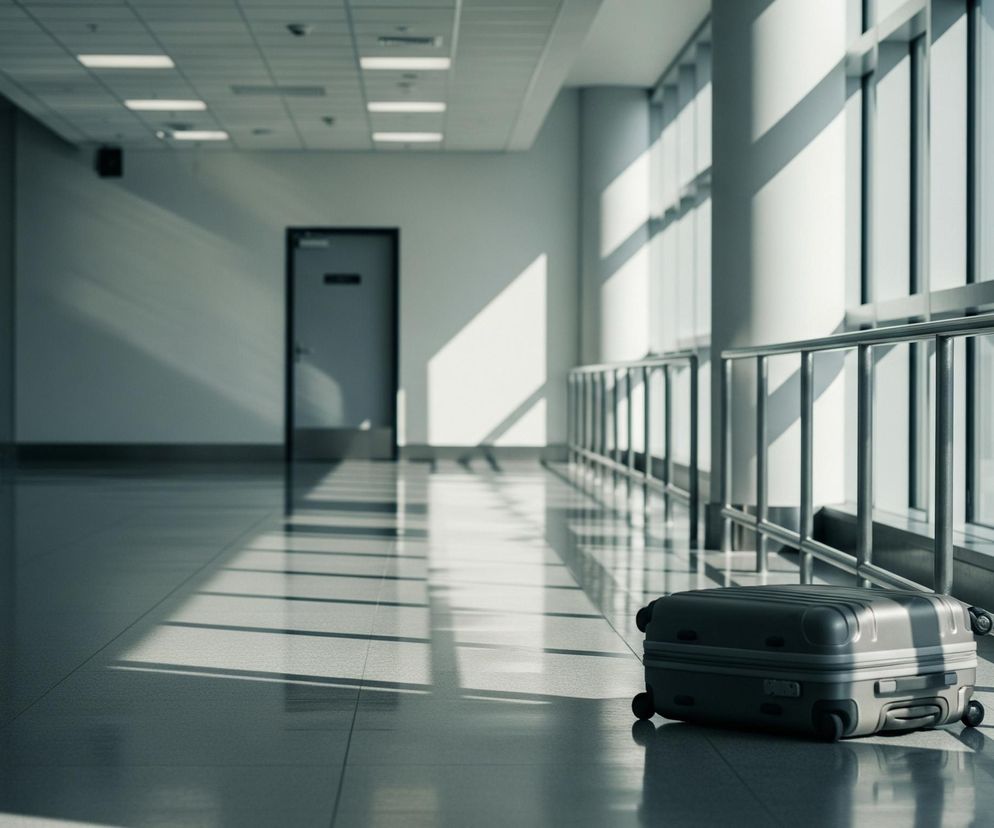 Szara walizka na kółkach stoi na jasnej posadzce, blisko długiej, metalowej barierki biegnącej wzdłuż szeregu wysokich okien. Przez okna wpadają ostre promienie słońca, tworząc na podłodze i ścianach wyraźne cienie pionowych elementów konstrukcyjnych. Dalej w głąb korytarza widoczne są przeszklone ściany po lewej stronie i zamknięte drzwi po prawej, a na suficie znajdują się prostokątne świetlówki.