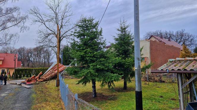 Silny wiatr nad Dolnym Śląskiem. Zerwany dach, powalone drzewa i zablokowana droga