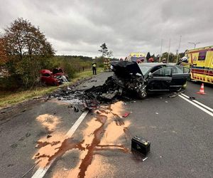 Potworna czołówka pod Bydgoszczą. Z samochodów niewiele zostało. Policja: kierowca zrobił to celowo