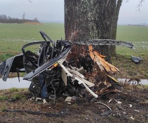 Z impetem wjechał w drzewo! Siła uderzenia rozerwała samochód