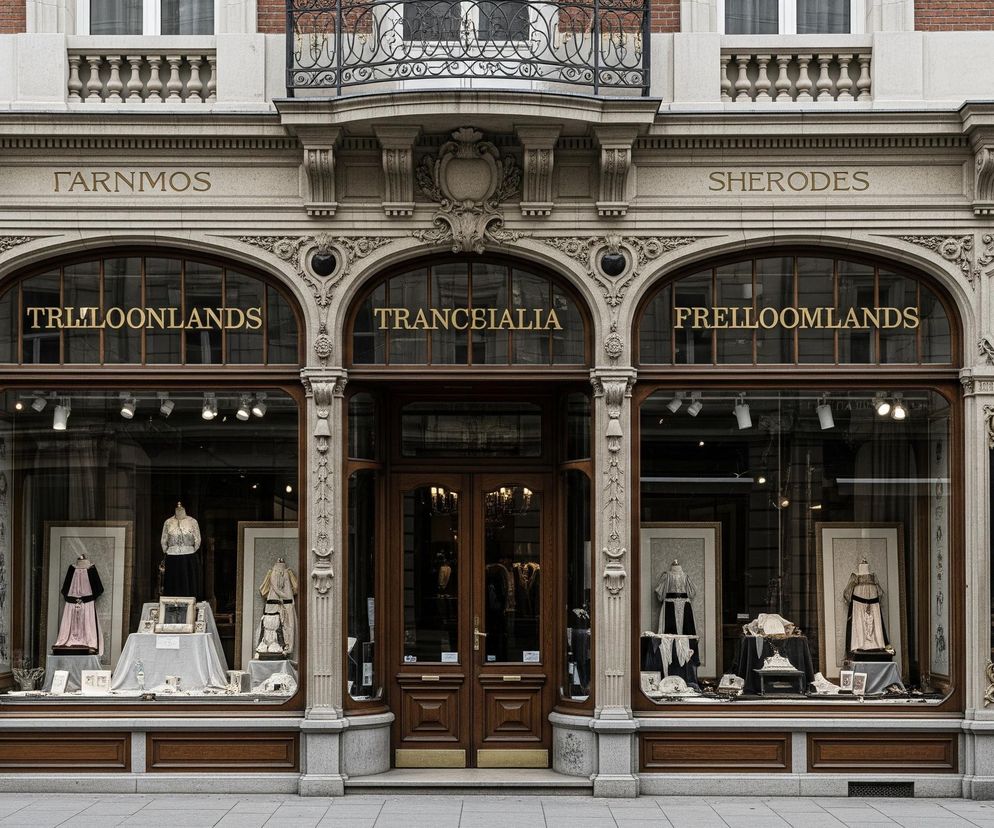 Fasada zabytkowego budynku w stylu klasycystycznym, ozdobiona licznymi detalami architektonicznymi, zajmuje centrum kadru. Na parterze znajdują się trzy duże, łukowate witryny sklepowe z ciemnym drewnianym obramowaniem oraz centralnie umieszczone, dwuskrzydłowe drzwi wejściowe, również z ciemnego drewna. Nad każdą witryną widnieją złote napisy: TRILOONLANDS, TRANCEIALIA i PRELLOOMLLANDS, natomiast na kamiennej belce nad witrynami wyryte są słowa GARNMOS po lewej i SHERODES po prawej stronie, również w kolorze złotym. Między witrynami, a także po ich bokach, znajdują się bogato zdobione kamienne pilastry z misternymi ornamentami i numerami 7•3 oraz 17•1 w złotym kolorze. Nad drzwiami wejściowymi widoczny jest ozdobny, kuty balkon, a na wyższych kondygnacjach ceglane ściany z prostokątnymi oknami. Witryny wypełnione są manekinami prezentującymi eleganckie ubrania oraz różnymi przedmiotami ustawionymi na stołach pokrytych tkaninami.