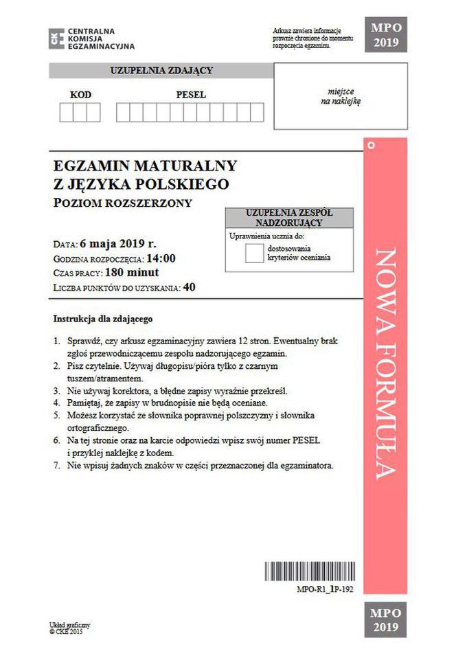 Matura 2019 - język polski. Arkusze CKE - poziom rozszerzony 