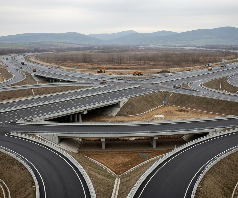 Rozbudowany węzeł drogowy zajmuje centralną część obrazu, prezentując liczne pasy asfaltowych dróg i mostów, które krzyżują się i przeplatają na różnych poziomach. Czarne nawierzchnie dróg są wyraźnie oznaczone białymi liniami, a ich brzegi zabezpieczone są betonowymi barierami z metalowymi poręczami. Wokół i pomiędzy tymi strukturami rozciągają się obszary ziemi w odcieniach brązu i beżu, częściowo pokryte suchą trawą, co sugeruje wczesną wiosnę lub późną jesień. Na horyzoncie widoczne są pagórki i góry, a niebo jest jednolicie szare i zachmurzone.