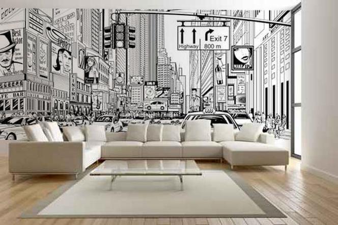 Czarno - biała tapeta w stylu pop - art jako dekoracja ściany w salonie