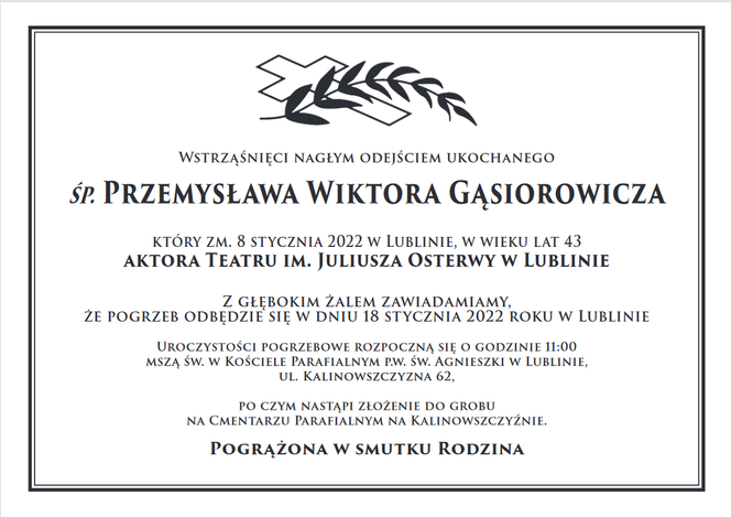 Pogrzeb Przemysława Gąsiorowicza. Ostatnie pożegnanie aktora Teatru Osterwy w Lublinie