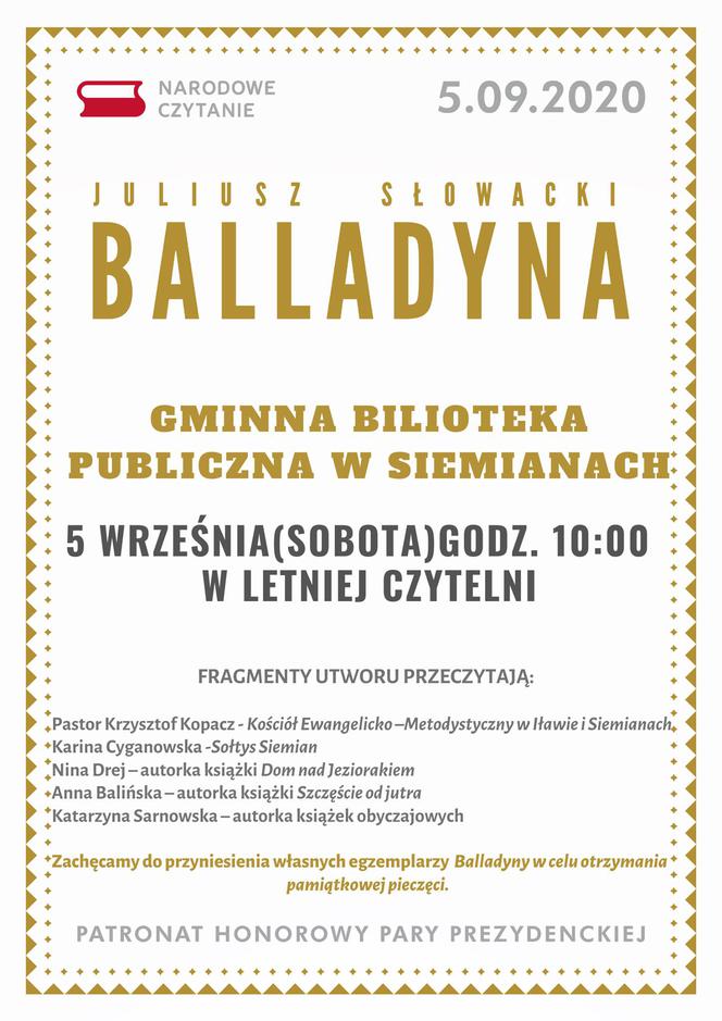 balladyna narodowe czytanie siemiany plakat