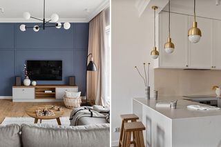 Minimalizm w beżach i bielach, przełamany błękitem. 110-m dom nad zalewem