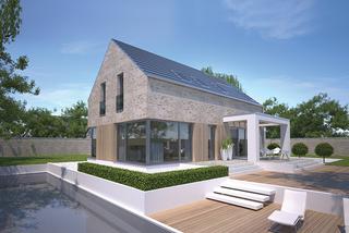 Bardzo ciepły dom: projekt ze skośnym dachem i dużymi oknami 