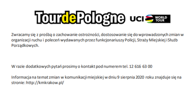 Kraków Tour de Pologne 2020 9.08.2020 UTRUDNIENIA DROGOWE OBJAZDY