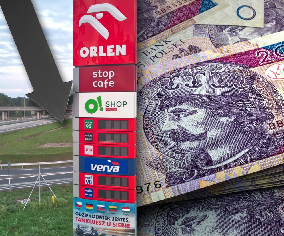 Tablica cen paliw ORLEN z informacją o promocji, nałożona na stos banknotów 20 zł.  Strzałka wskazuje spadek cen.  Dowiedz się więcej o wrześniowej promocji ORLEN VITAY i zaoszczędź na tankowaniu na Super Biznes!