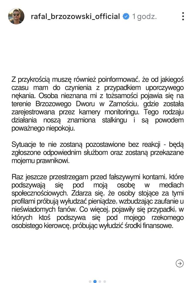 Rafał Brzozowski jest ofiarą stalkingu. Przestrzega swoich fanów i prosi o wzmożoną ostrożność.