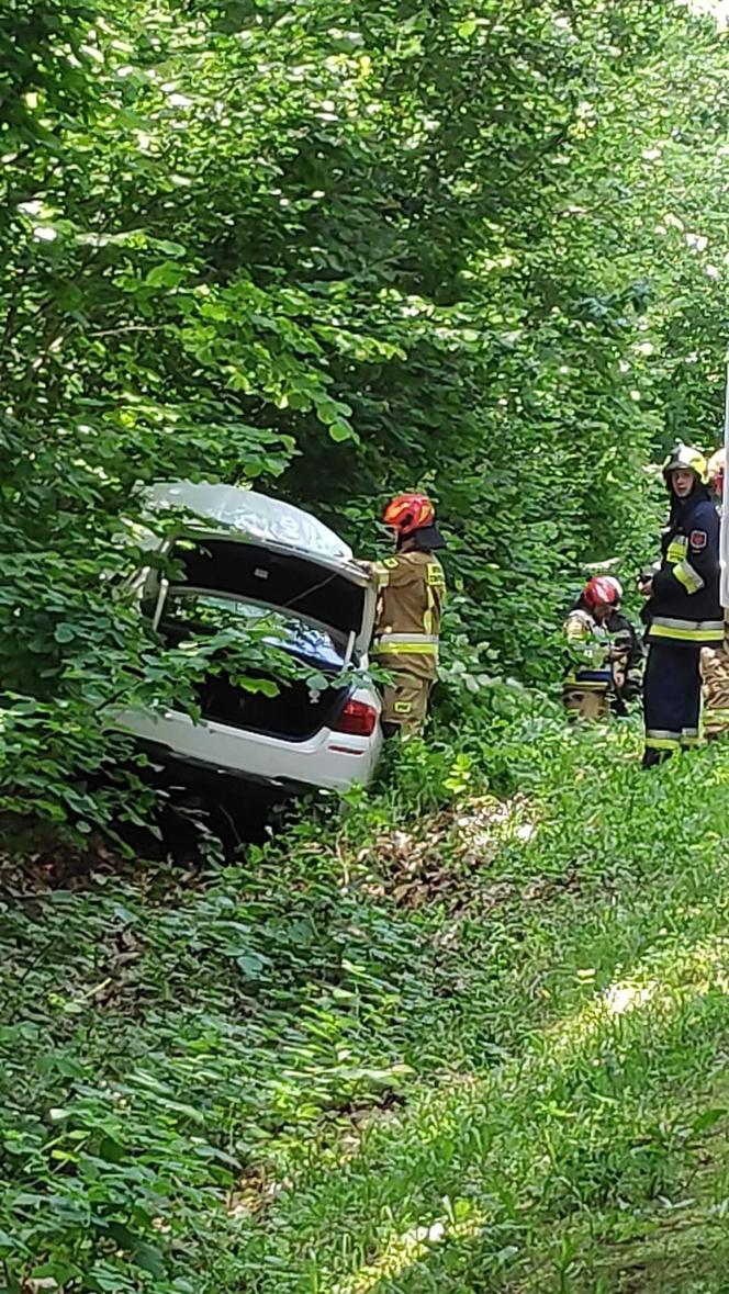 Brzeźnica. Kierowca białego bmw wpadł do rowu i uciekł do lasu