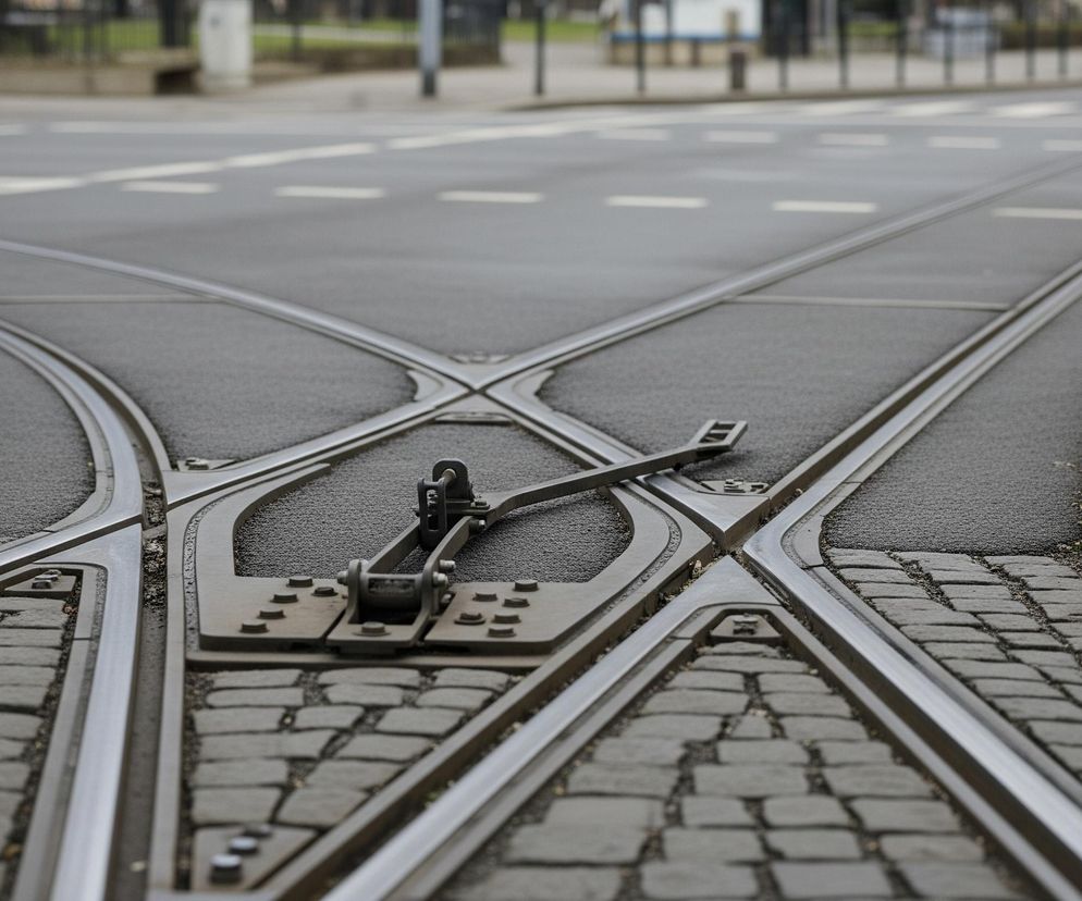 Szyny tramwajowe krzyżują się na pierwszym planie, tworząc literę X, z odnogami rozchodzącymi się w czterech kierunkach. Pomiędzy szynami znajduje się mechanizm zwrotnicy, składający się z metalowych elementów w ciemnoszarym kolorze, z dźwignią skierowaną w prawą stronę. Obszar wokół szyn i zwrotnicy jest częściowo wybrukowany szarymi kamieniami, a częściowo pokryty ciemnym asfaltem, widocznym zwłaszcza w tle, gdzie droga jest słabo oświetlona i rozmyta.