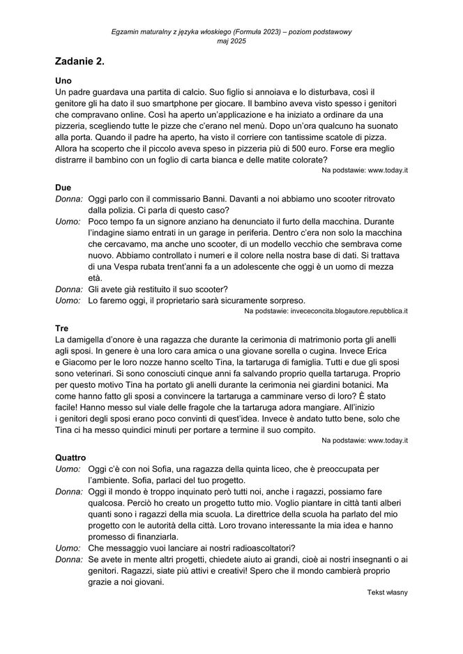Matura 2025: włoski 7.05.2025. Arkusze CKE i odpowiedzi. Poziom podstawowy [Formuła 2023]	