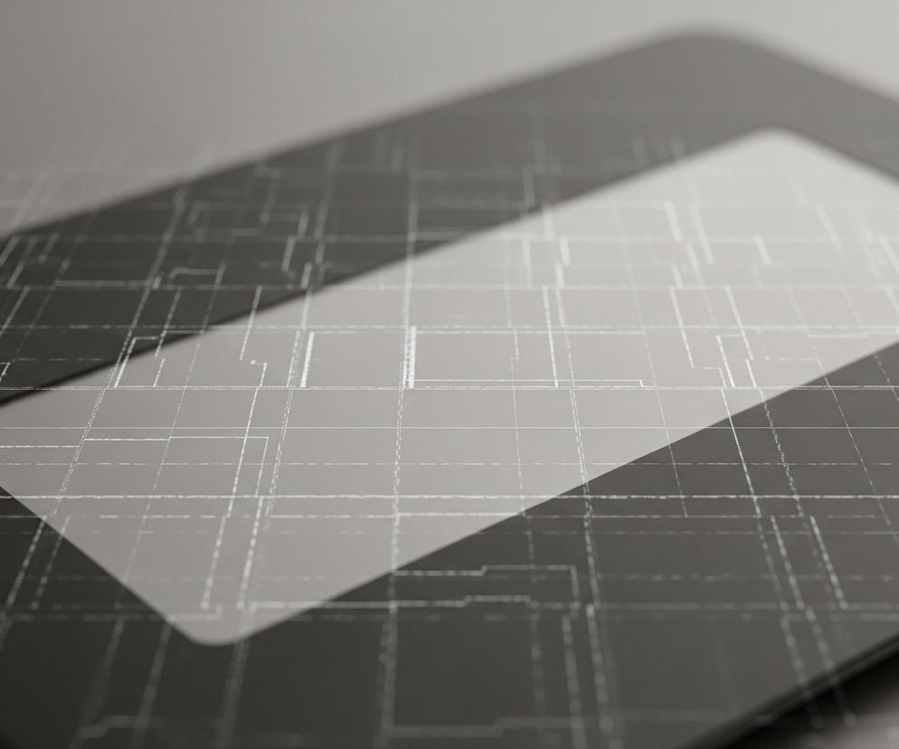 Kwadratowy obiekt o zaokrąglonych rogach, przypominający tablet, leży na poziomej powierzchni. Na jego powierzchni oraz na tle otoczenia widoczna jest siatka cienkich, jasnożółtawych linii, tworząca złożony wzór przypominający schemat obwodu elektrycznego. Centralna część obiektu, imitująca ekran, jest jaśniejsza i odbija światło, natomiast reszta obiektu i tło są w ciemnych odcieniach szarości, co nadaje całości futurystyczny i techniczny wygląd.