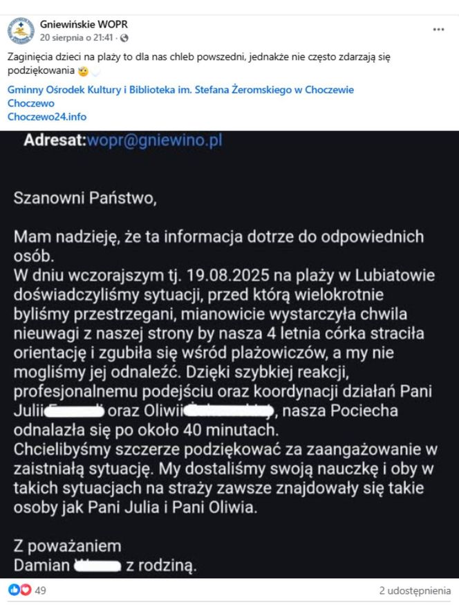 WOPR dostał podziękowania od rodziców zaginionej dziewczynki.