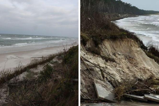 Lubiatowo, wejście na plażę. Fotografia z września oraz po grudniowych sztormach