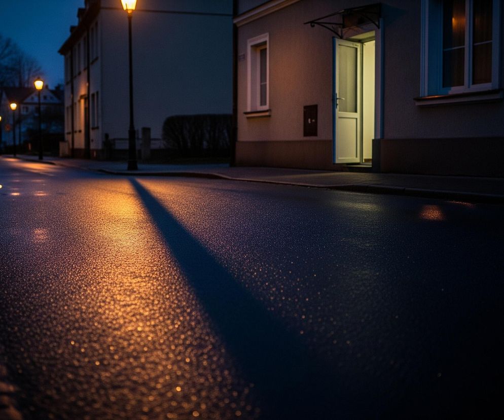 Uliczna droga, pokryta licznymi kroplami wody, odbija złociste światło latarni ulicznych i wpadającego przez otwarte drzwi światła. W tle, po lewej stronie drogi, widać szereg domów, a dalej pojedyncze drzewo bez liści. Po prawej stronie drogi stoi budynek z otwartymi białymi drzwiami, z których pada jasne światło, oraz dwoma oknami z białymi ramami.