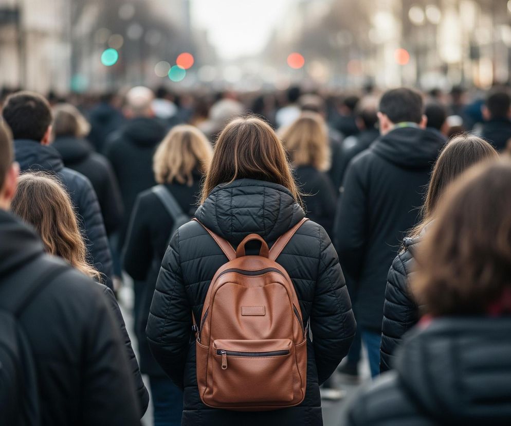 Kobieta z brązowymi włosami i brązowym plecakiem ze skóry, ubrana w czarną, pikowaną kurtkę, idzie środkiem szerokiej ulicy lub placu. Jest otoczona tłumem ludzi, z których większość ma na sobie ciemne ubrania, widocznych od tyłu lub częściowo. W tle widać rozmazane światła, w tym czerwone i zielone, sugerujące ruch miejski, oraz niewyraźne zarysy budynków.