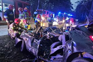 Makabra pod Lipskiem. Renault dachował i roztrzaskał się na drzewie