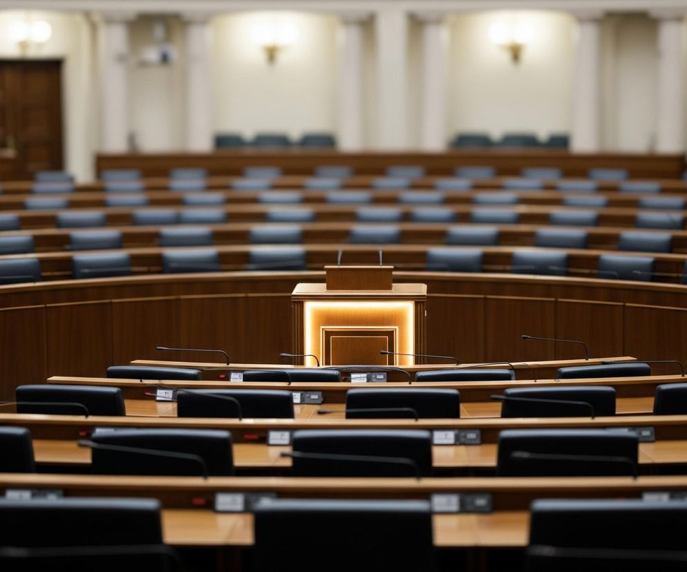 W centrum obrazu znajduje się puste, drewniane podium, podświetlone od wewnątrz ciepłym, białym światłem. Podium otaczają liczne rzędy pustych krzeseł z ciemnymi, prawdopodobnie skórzanymi siedziskami i oparciami, oraz drewnianymi blatami, na których widoczne są mikrofony na giętkich wysięgnikach i drobne panele kontrolne. Całość tworzy półkolistą, amfiteatralną przestrzeń, dominującą w ciepłych odcieniach brązu drewna i beżu ścian. W tle widać dwa ciemne, drewniane drzwi oraz jasne kinkiety ścienne, rzucające delikatne światło na górne partie pomieszczenia.