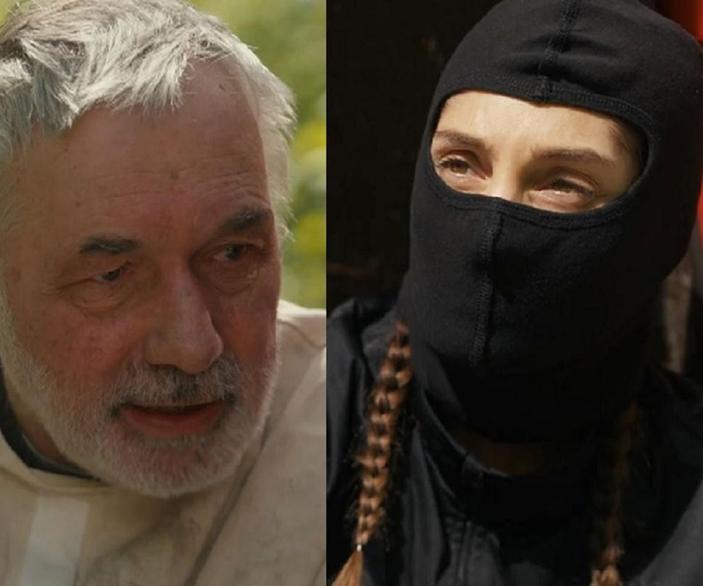 Leon Charewicz jako porwany Andrzej oraz Orina Krajewska jako Celina w czarnej kominiarce z warkoczami po boku. Scena z serialu Barwy szczęścia, odcinek 3243. Więcej o losach bohaterów przeczytasz na portalu Super Seriale.