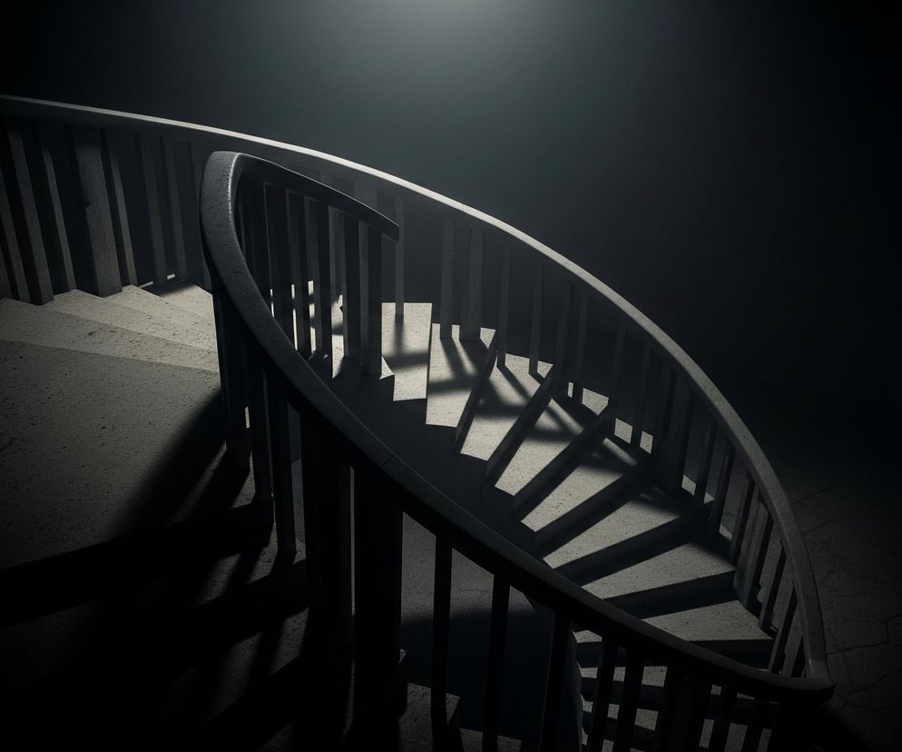 Spiralne schody w szarym kolorze wznoszą się po prawej stronie, zanurzając się w mrok po lewej. Krawędzie schodów są jasne, podczas gdy ich powierzchnia jest usiana ciemnymi plamkami i drobnymi pęknięciami. Schody otacza ciemna, metalowa balustrada z pionowymi szczeblami. Na schody pada światło z góry, tworząc wyraźne, ukośne cienie na stopniach, nadając im głębi i trójwymiarowości, zwłaszcza w centrum obrazu, gdzie światło jest najjaśniejsze. Ogólna kolorystyka obrazu jest monochromatyczna, dominują odcienie szarości i czerni, z jaśniejszym punktem światła w lewym górnym rogu.