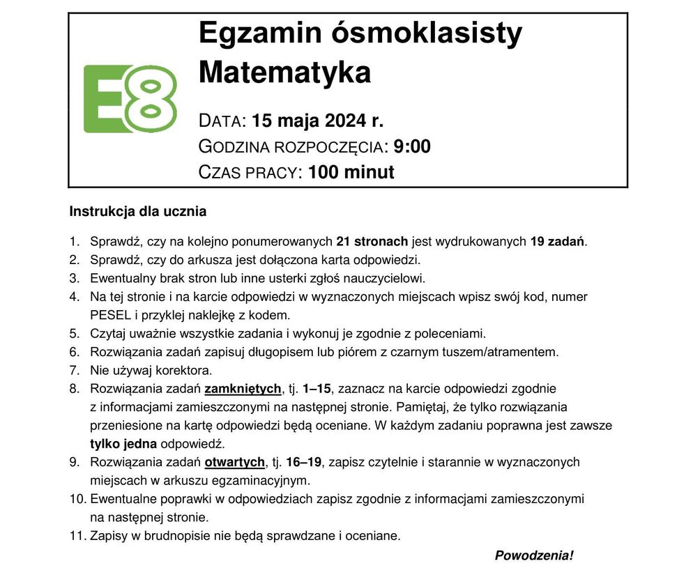 Egzamin ósmoklasisty 2024 - MATEMATYKA