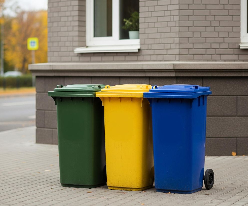 Trzy pojemniki na śmieci w kolorach zielonym, żółtym i niebieskim stoją obok siebie na chodniku z kostki brukowej. Za nimi wznosi się szary, ceglany budynek z dwoma białymi oknami, w jednym z nich widoczna jest zielona roślina doniczkowa. W tle po lewej stronie rozciąga się ulica, a dalej widoczne są drzewa o żółto-pomarańczowych liściach, sugerujące jesień.