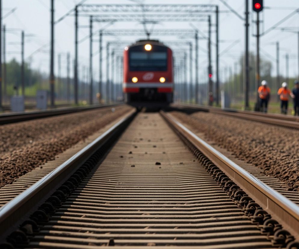 Na pierwszym planie, w centrum obrazu, widać torowisko kolejowe z dwoma równoległymi szynami i podkładami, wypełnione brązowymi kamieniami. W oddali, rozmyty czerwony pociąg z zapalonymi światłami czołowymi zbliża się do punktu zbiegu torów. Po prawej stronie, za torami, stoją trzy postacie w odblaskowych kamizelkach i kaskach, a także słup z czerwonym światłem sygnalizacyjnym na górze. W tle rozciąga się linia drzew i słupy trakcji kolejowej.