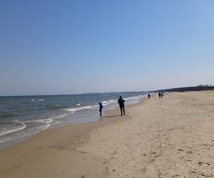 Mieszkańcy korzystają ze słonecznej pogody. Na plaży w Jelitkowie widać już pierwszych spacerowiczów!