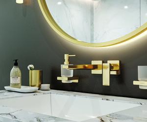 Łazienka ze złotymi akcesoriami i dodatkami – piękno geometrii
