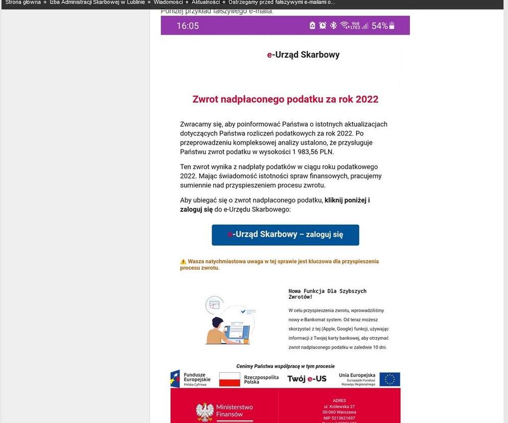 Fałszywe maila o zwrocie podatku za 2022 rok