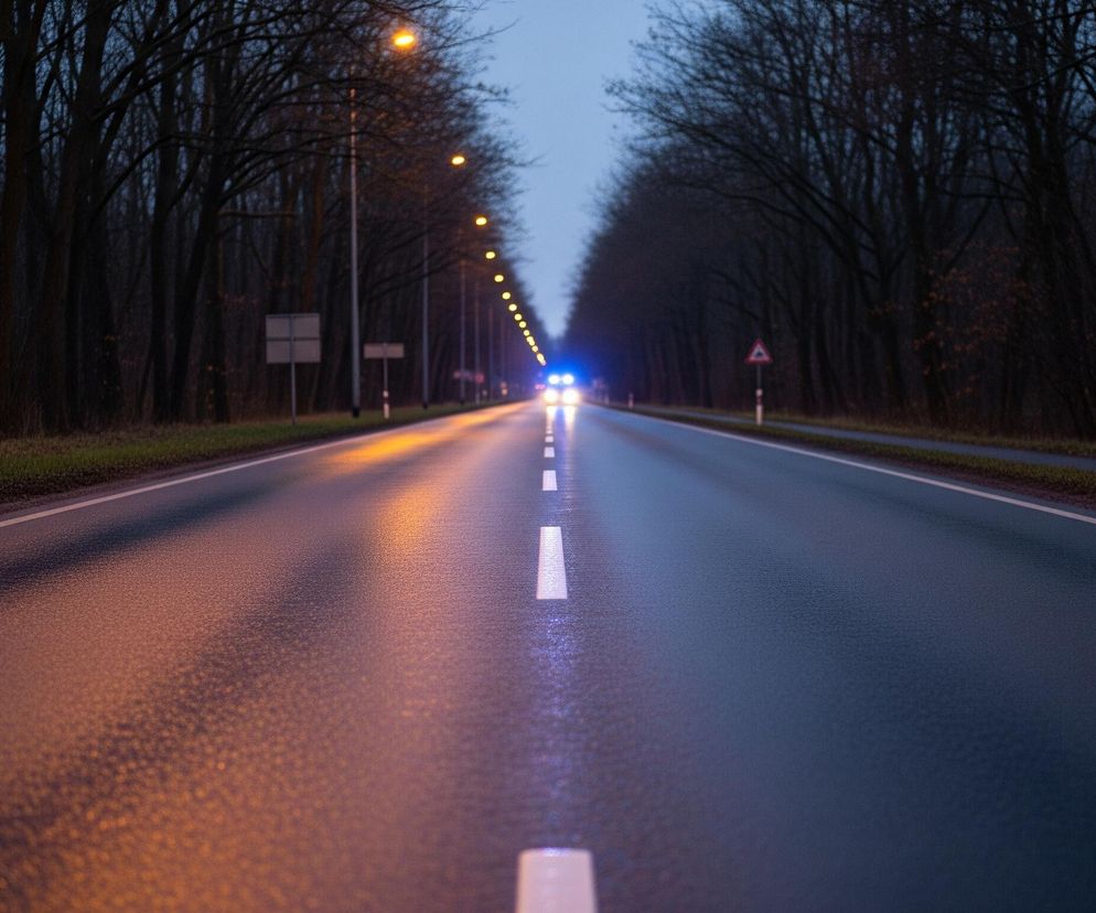 Droga asfaltowa rozciąga się w głąb obrazu, podzielona przerywaną białą linią na dwa pasy ruchu, w oddali widoczne są światła nadjeżdżających pojazdów, w tym niebieskie migające światła. Po obu stronach jezdni rosną ciemne, bezlistne drzewa, tworząc swoisty tunel, a równolegle do nich biegnie szpaler pomarańczowych lamp ulicznych. Nawierzchnia drogi odbija światło, tworząc ciepłe, pomarańczowe refleksy po lewej stronie i chłodniejsze, niebieskawe po prawej, co wskazuje na mokrą powierzchnię.