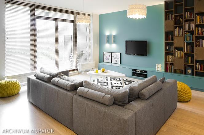 Pokój dzienny z wygodną szarą sofą w stylu nowoczesnym