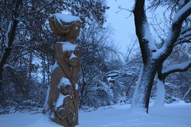 Drewniane rzeźby nad Bystrzycą w Lublinie okryły się białym puchem